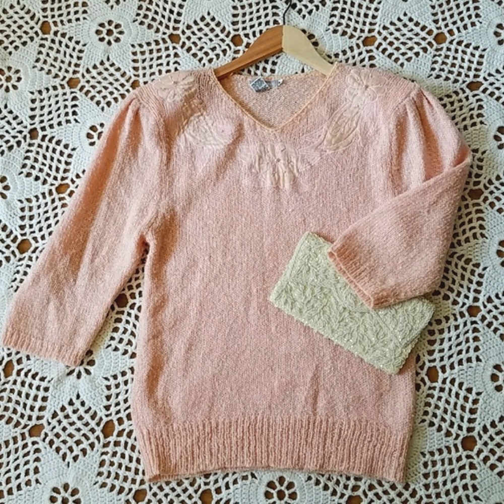 Vintage Beaded Appliqué Elbow Sleeve Wool Blend Top